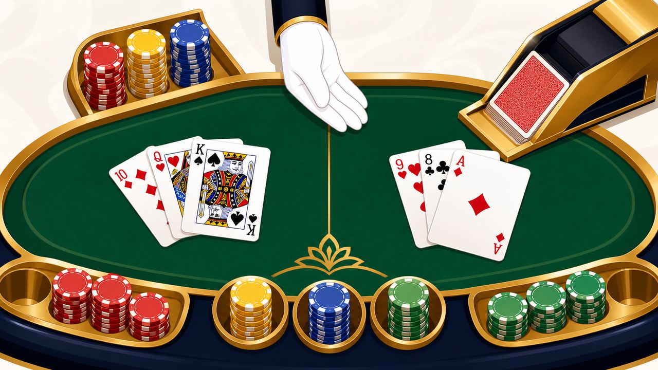 Meja baccarat dengan dua set kartu terbuka dan sarung tangan dealer