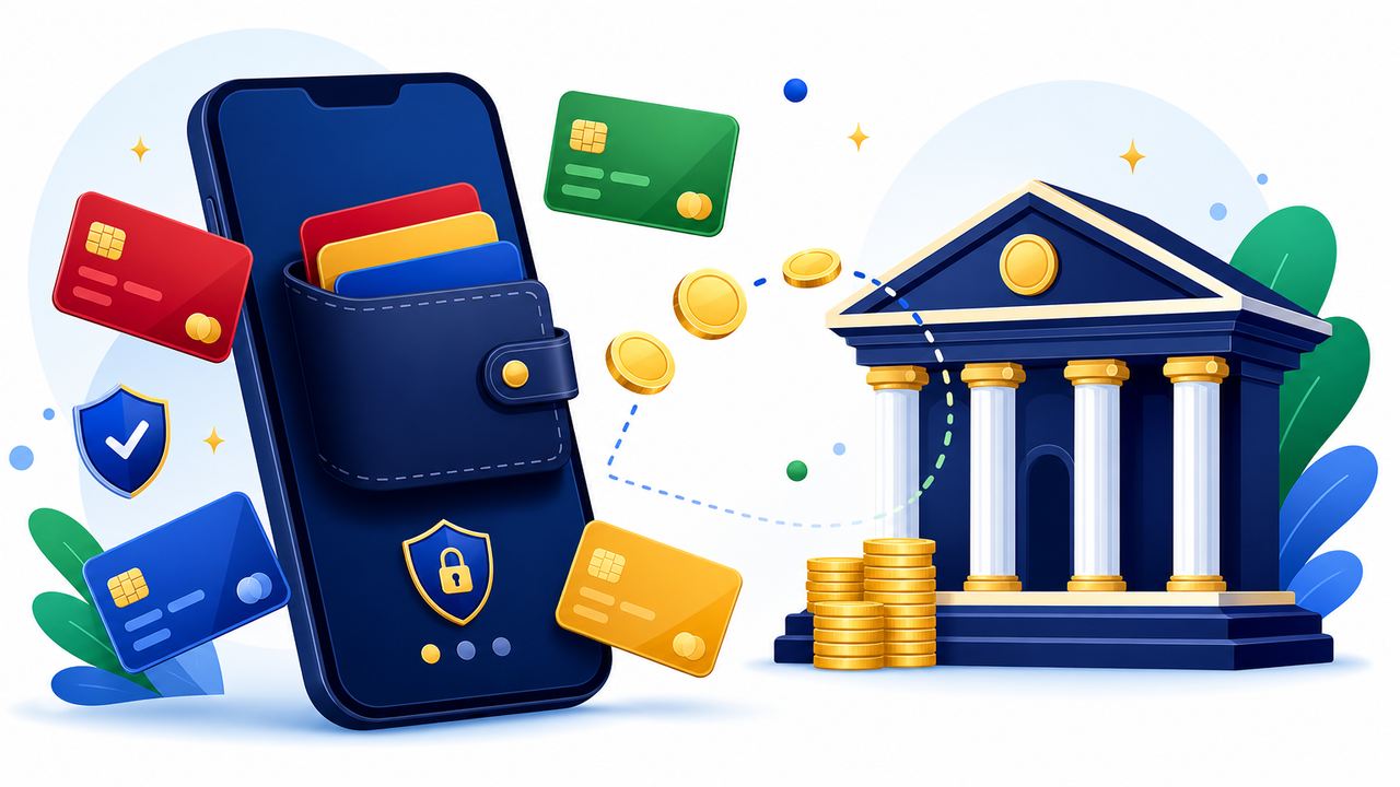Ponsel dompet digital mengelilingi ikon bank klasik dengan aliran koin
