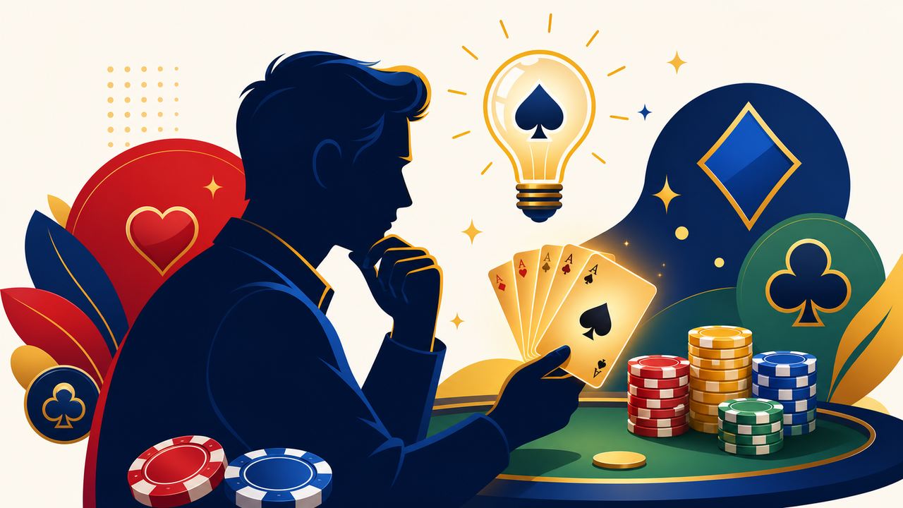 Siluet pemain poker berpikir dengan kipas kartu menyala dan bohlam di atas kepala