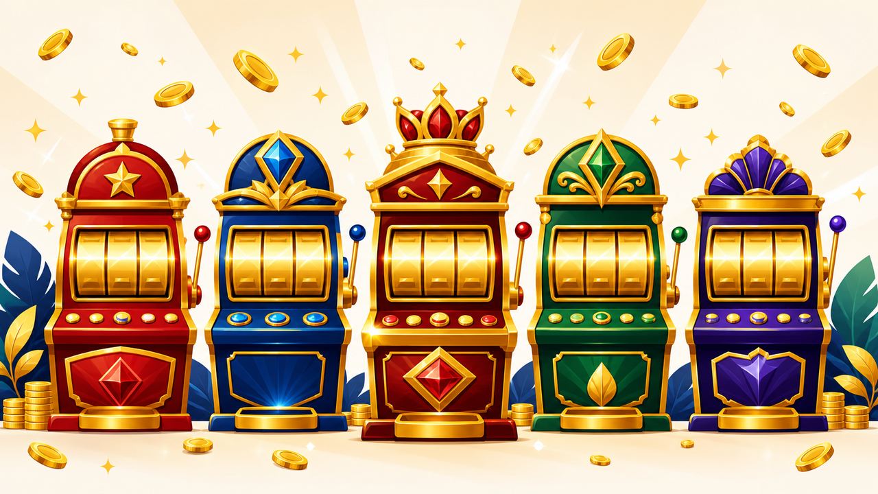 Deretan mesin slot modern dengan warna merah dan emas