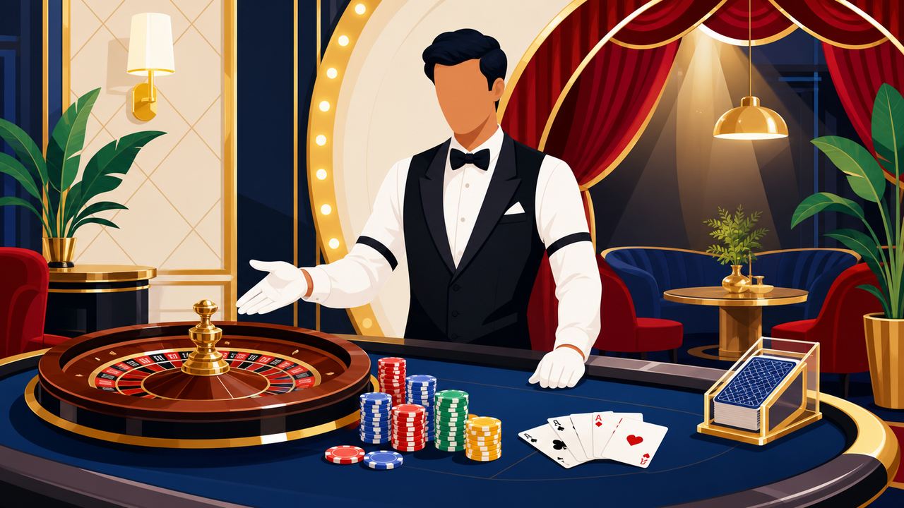 Meja roulette kasino langsung dengan dealer dan cahaya panggung