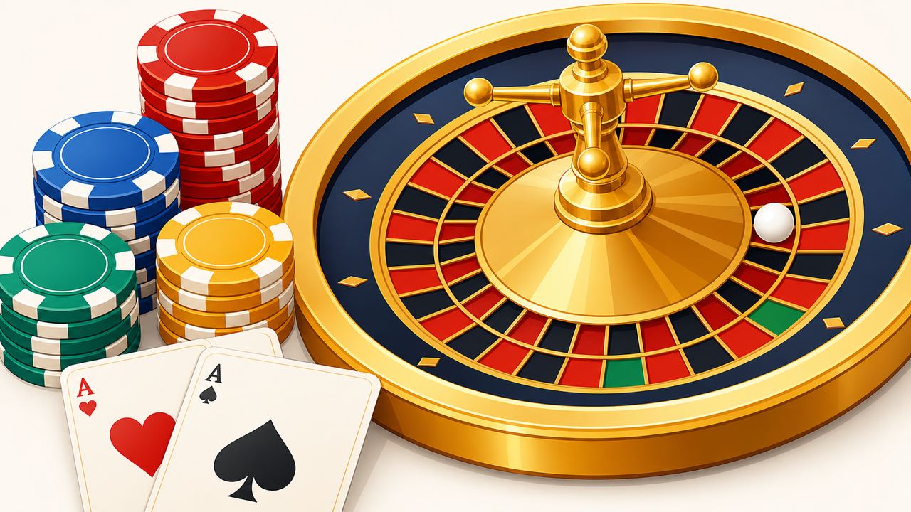 Roda roulette emas dengan bola putih dan tumpukan chip warna