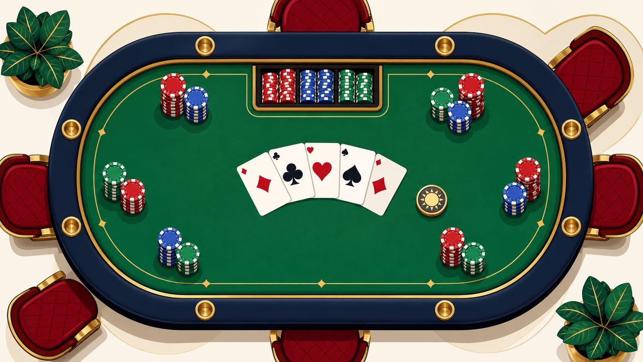 Meja poker hijau dengan kartu terbuka dan tumpukan chip