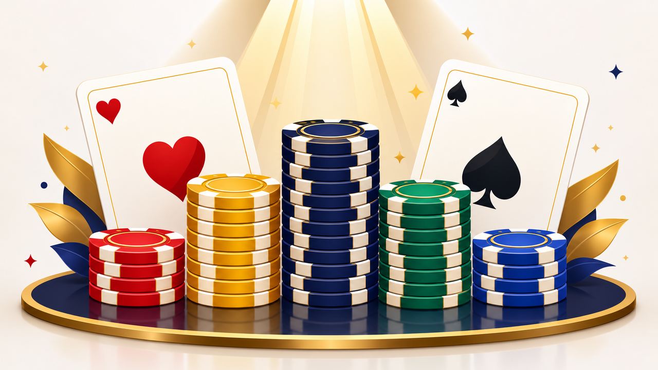 Komposisi lima tumpukan chip poker dengan kartu bersandar di belakang