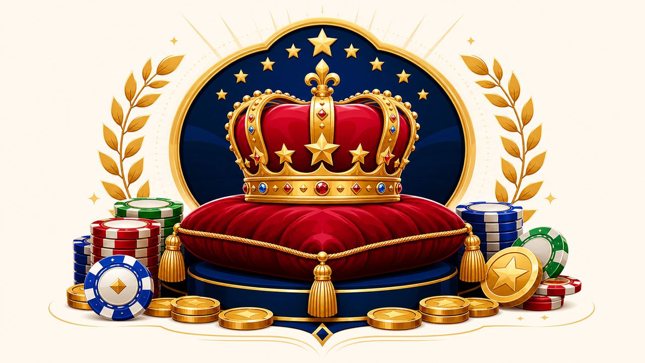 Mahkota emas di atas bantal beludru dengan lingkaran koin
