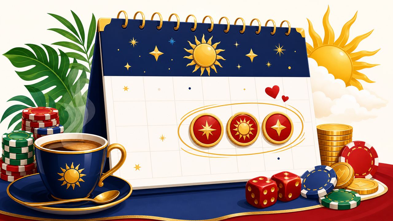 Kalender bergaya ilustrasi dengan matahari, bintang, dan koin