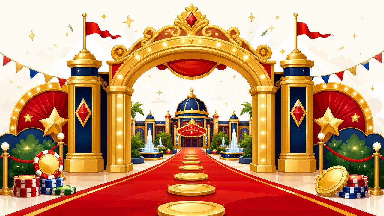 Gerbang sambutan emas dengan karpet merah dan koin
