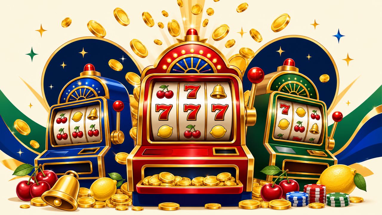 Deretan mesin slot dengan simbol buah ceri lonceng dan angka tujuh
