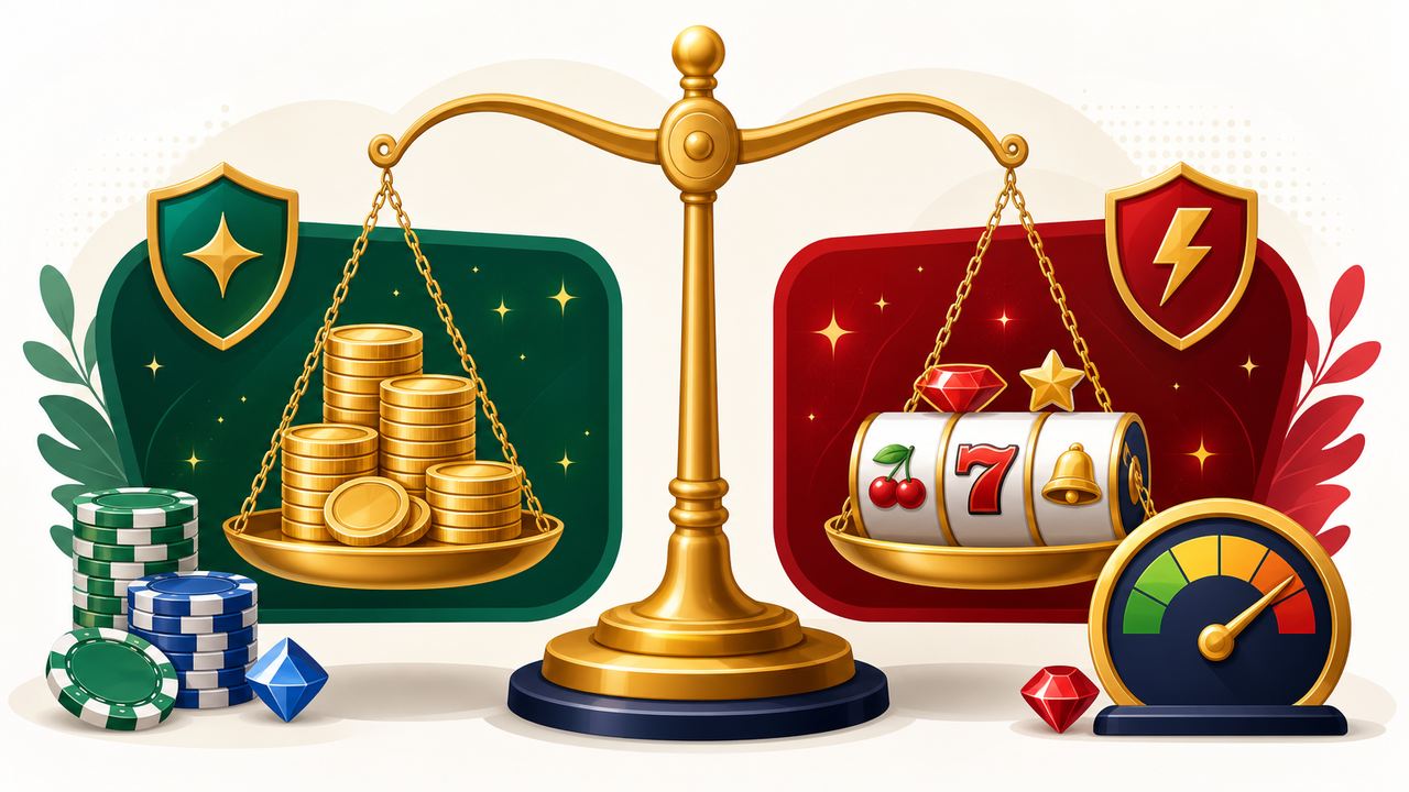 Ilustrasi timbangan membandingkan tumpukan koin dengan simbol slot mewakili volatilitas