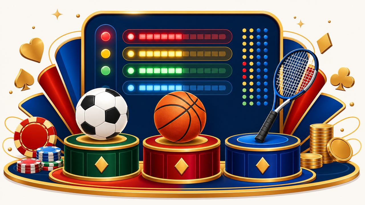 Ikon bola basket sepak dan raket tenis di atas podium dengan papan skor