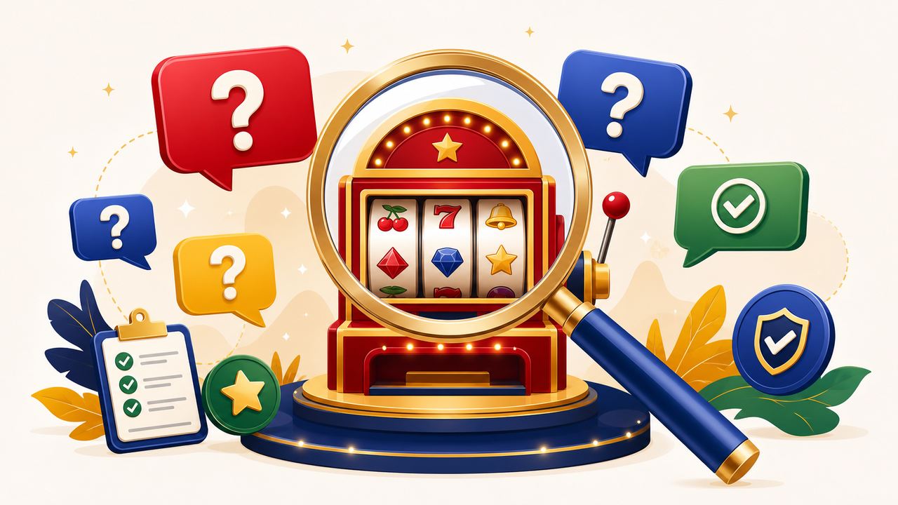 Kaca pembesar memeriksa mesin slot bersinar dikelilingi gelembung obrolan tanda tanya